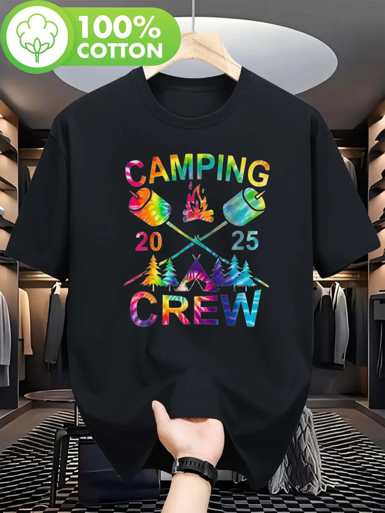 

Men's 100% Cotton Camping Crew Graphic T-Shirt - Colorful Gradient Rainbow Design with Camping Gear Icons, Relaxed Fit Round Nec
