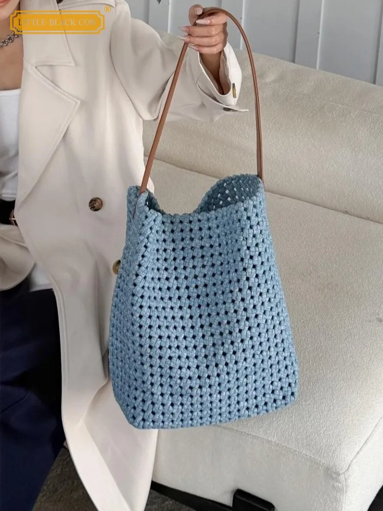 

Fashion New Women Single Shoulder Underarm Bags Versatile Hollow-Out Woven High-Capacity Bucket Bag Casual Ladies Tote Handbag