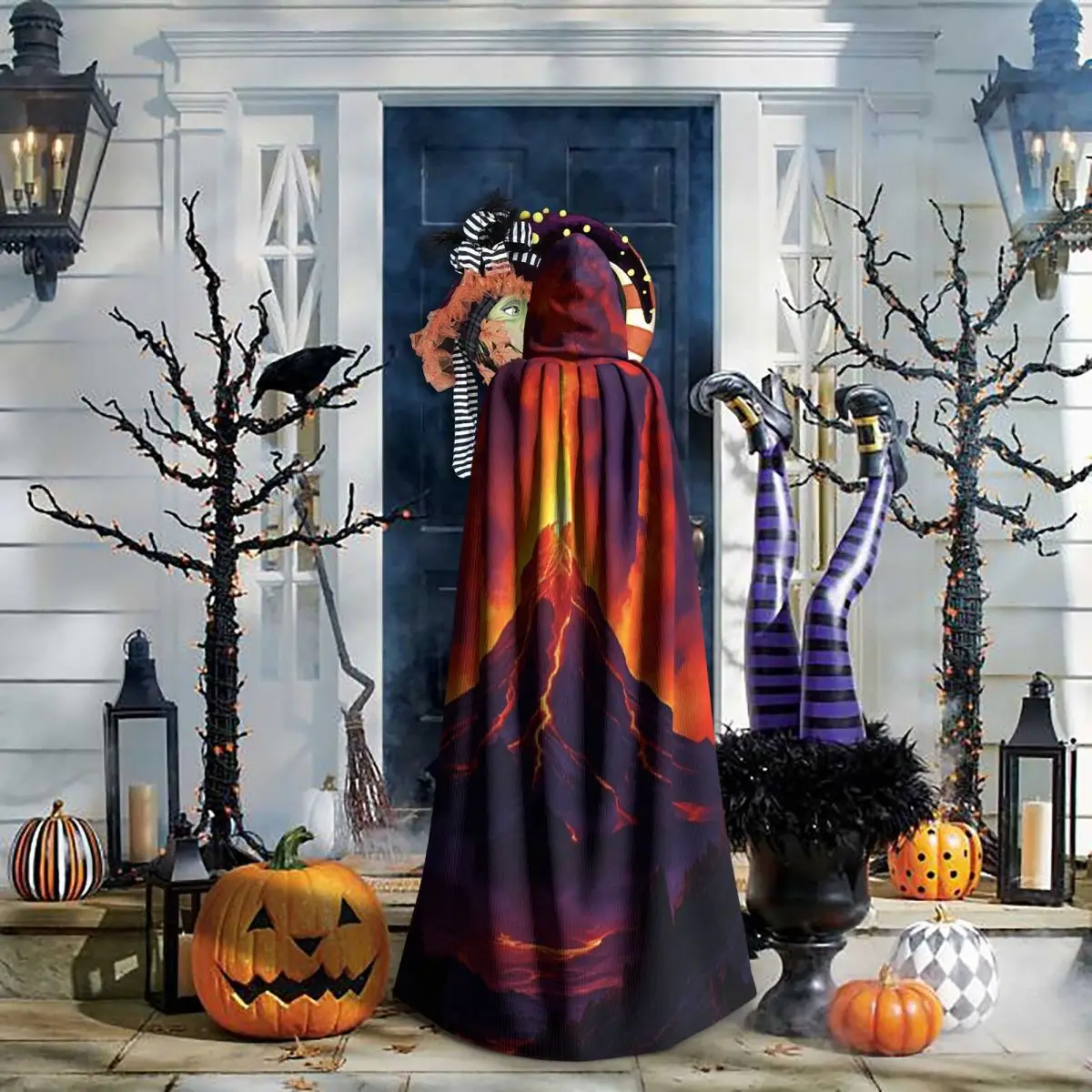 밤에 화산 폭발 긴 후드 망토 마녀 중세 의상 코스프레 케이프 할로윈 뱀파이어 성인 유니섹스
