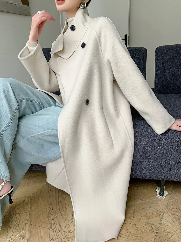 2024 Winter High-End Women's Coat Pure Wool Long Section with a Stand Collar Coat Fashion Trend Woolen Trench Coat Warm Top