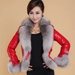 New Winter Leather Jacket Women Coat Faux Fox Fur Collar Short Coat PU Leather Female Jacket Elegant Motorcycle Zipper Outerwear