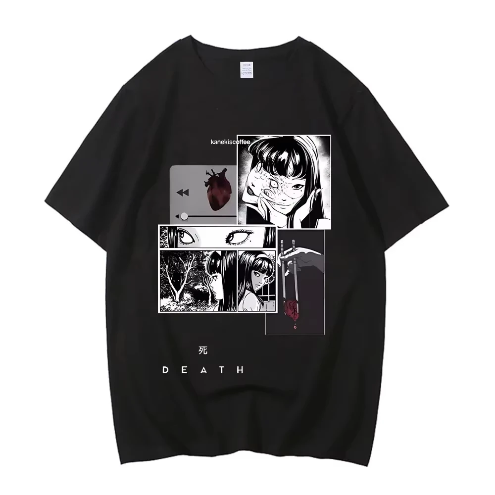 Junji Ito Trendy T-shirt with 80s College Style Print, Men's Color Aesthetic Tee, 2000s Punk Pastel Cute Anime Top T-Shirt