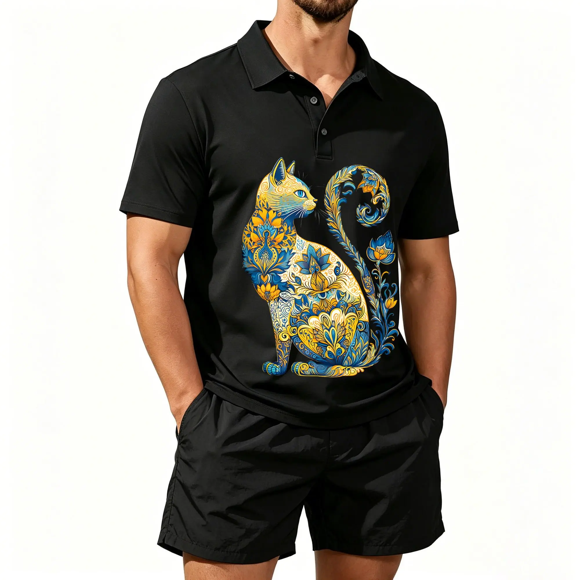 Herren-Poloshirt und Strandshorts Zweiteiler-Set mit Ukrainischer Katzen-Print, Lässig und Vielseitig, Angenehm zu Tragen, Gut Geschnitten