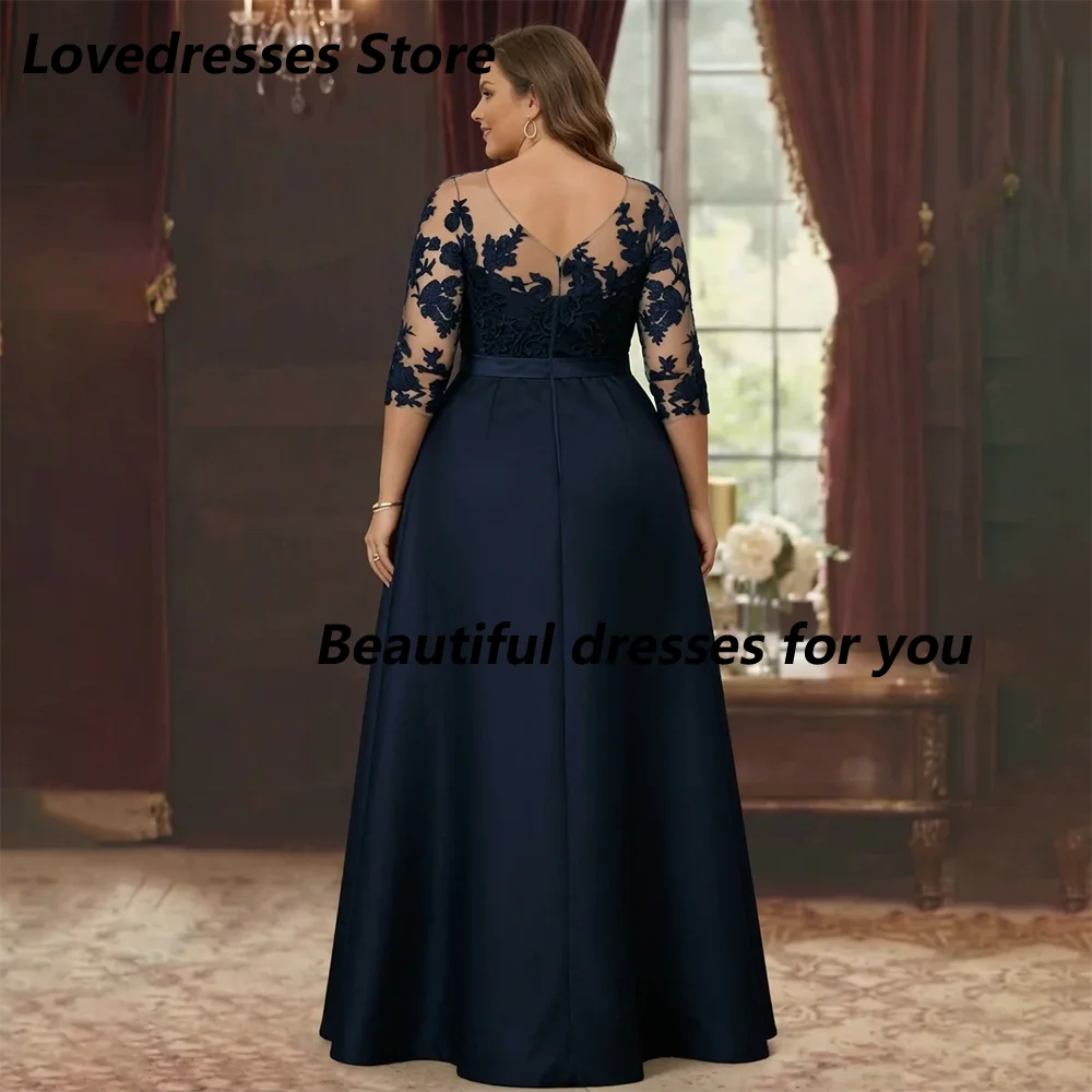 Navy Plus Size Mother of The Bride Dresses Customized Illusion O-Neck 3/4 Sleeves Lace Appliques A Line Mother Evening Dress