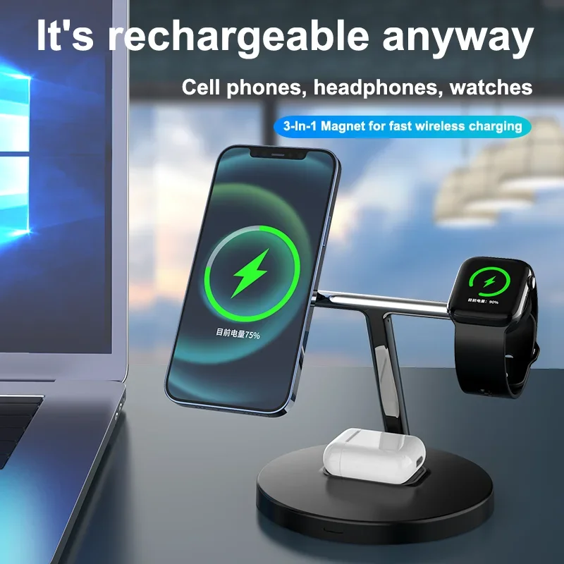 حامل شاحن لاسلكي مغناطيسي سريع ، محطة شحن Macsafe iPhone 14 13 12 Pro Max Airpods Pro Apple Watch 8 7 ، 3 in 1 ، 30W