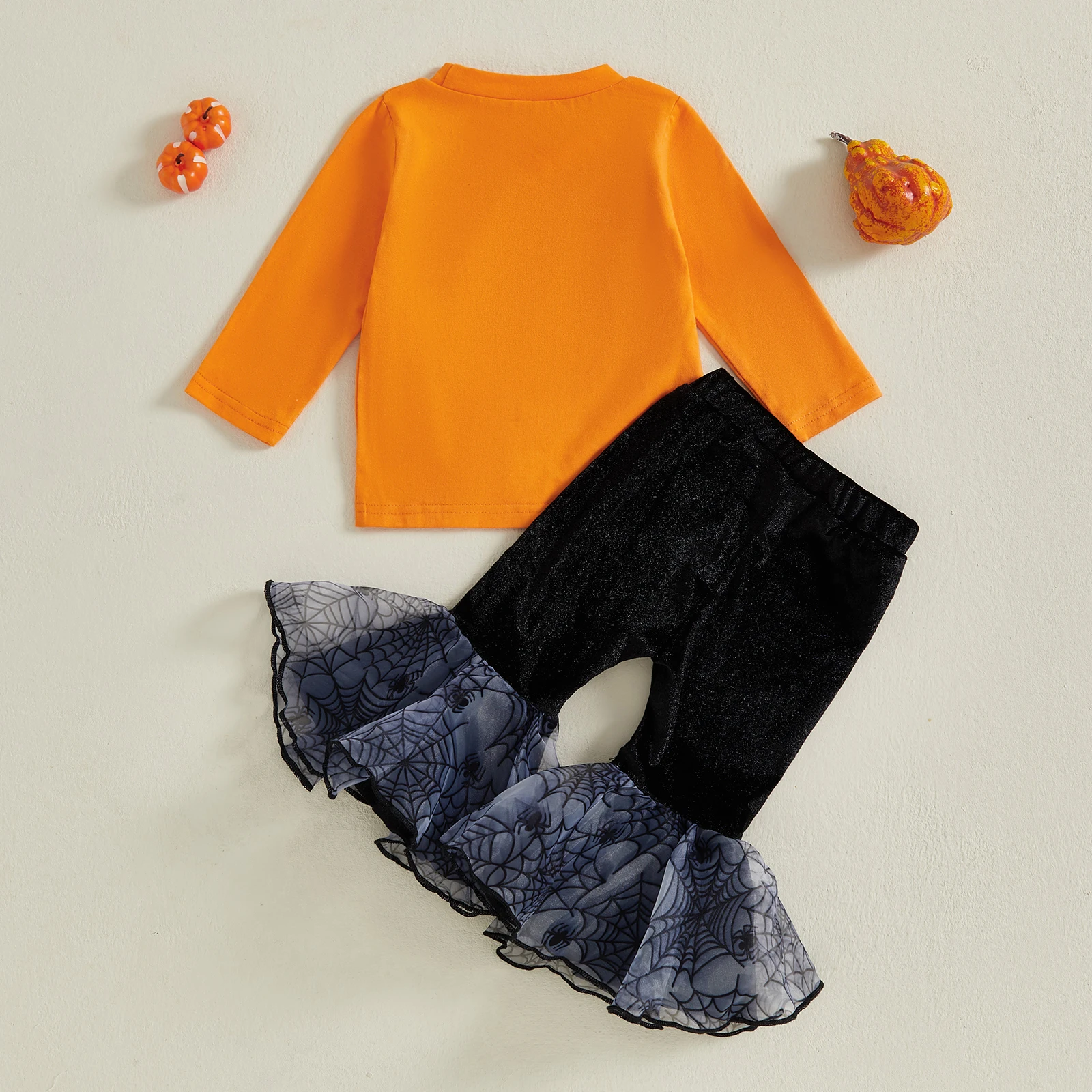 

Toddler Infant Baby Girl Halloween Outfit Witch Hat/Pumpkin Long Sleeve Tops Patchwork Mesh Flare Pants 2Pcs Clothes Sets