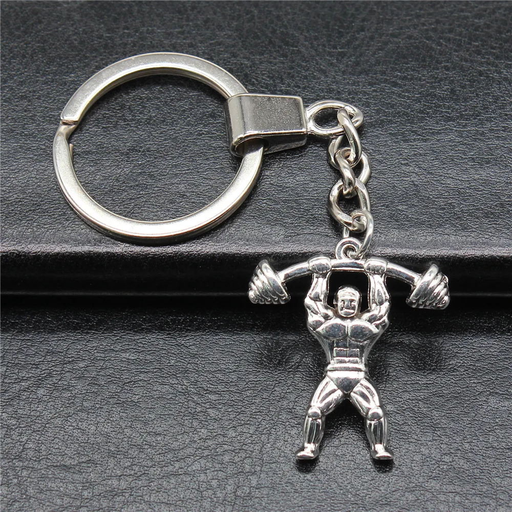Keychain Holder Vintage Handmade Antique Silver Color 30x28mm Weightlifter Pendant Keyring
