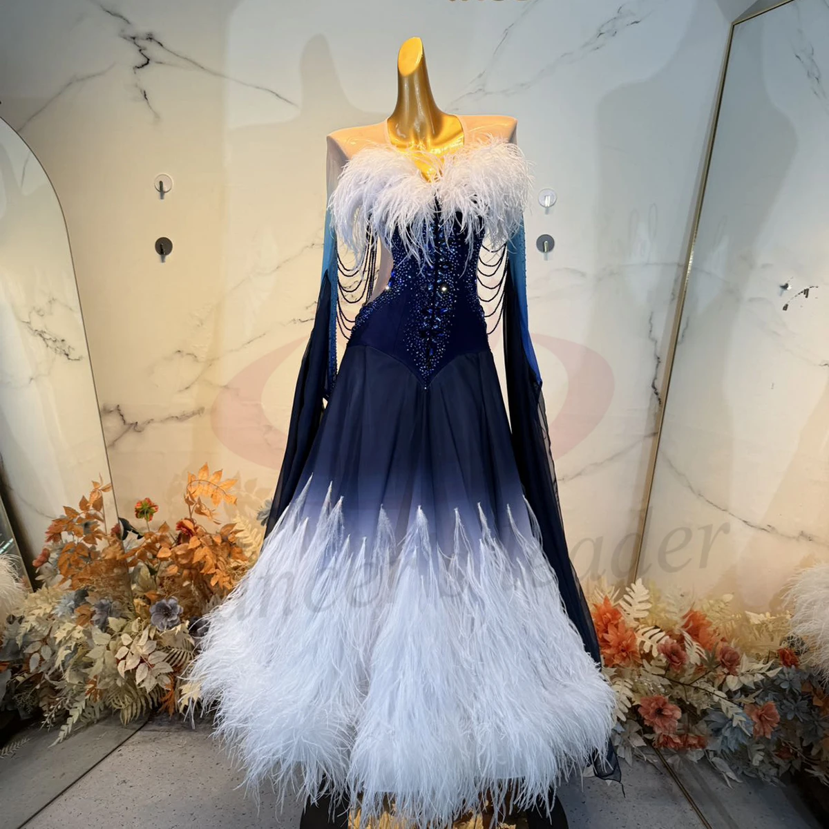 

Latin Modern Dance Costume Diamond Women's Wear High end Customized White Fluffy Skirt Waltz Performance Dress