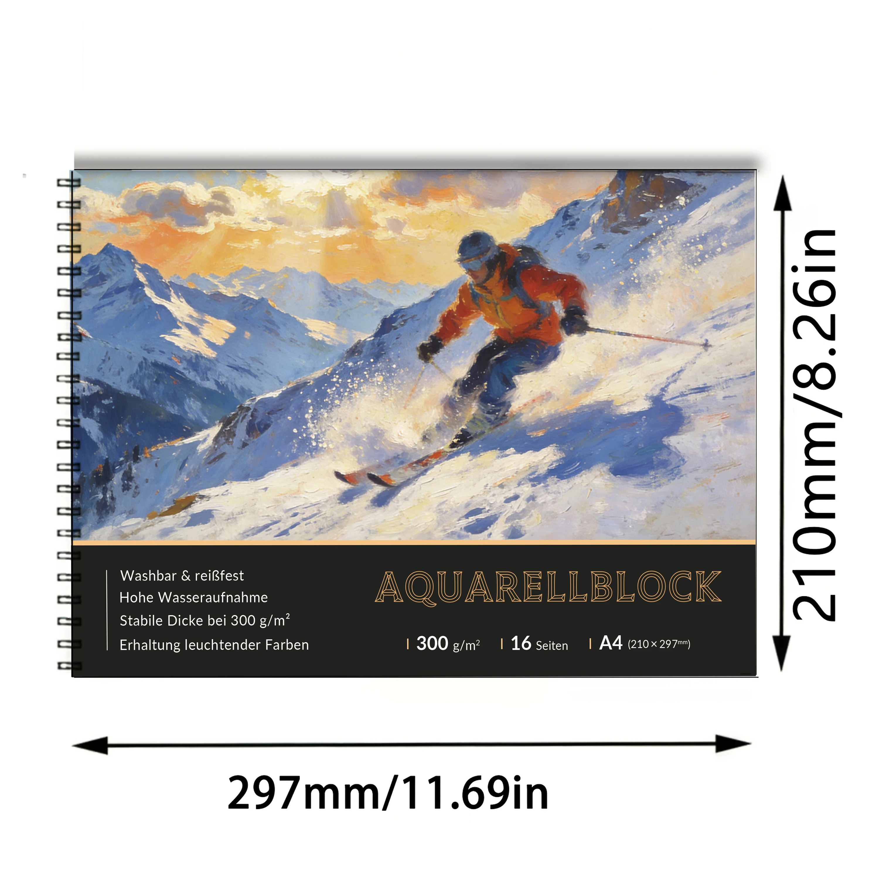 A4 Spiral Watercolor Paper Pad,300gsm Acid-Free Cold Press,16 Sheets,Tear/Waterproof,For Watercolor/Acrylic/Gouache,Drawing,Arti