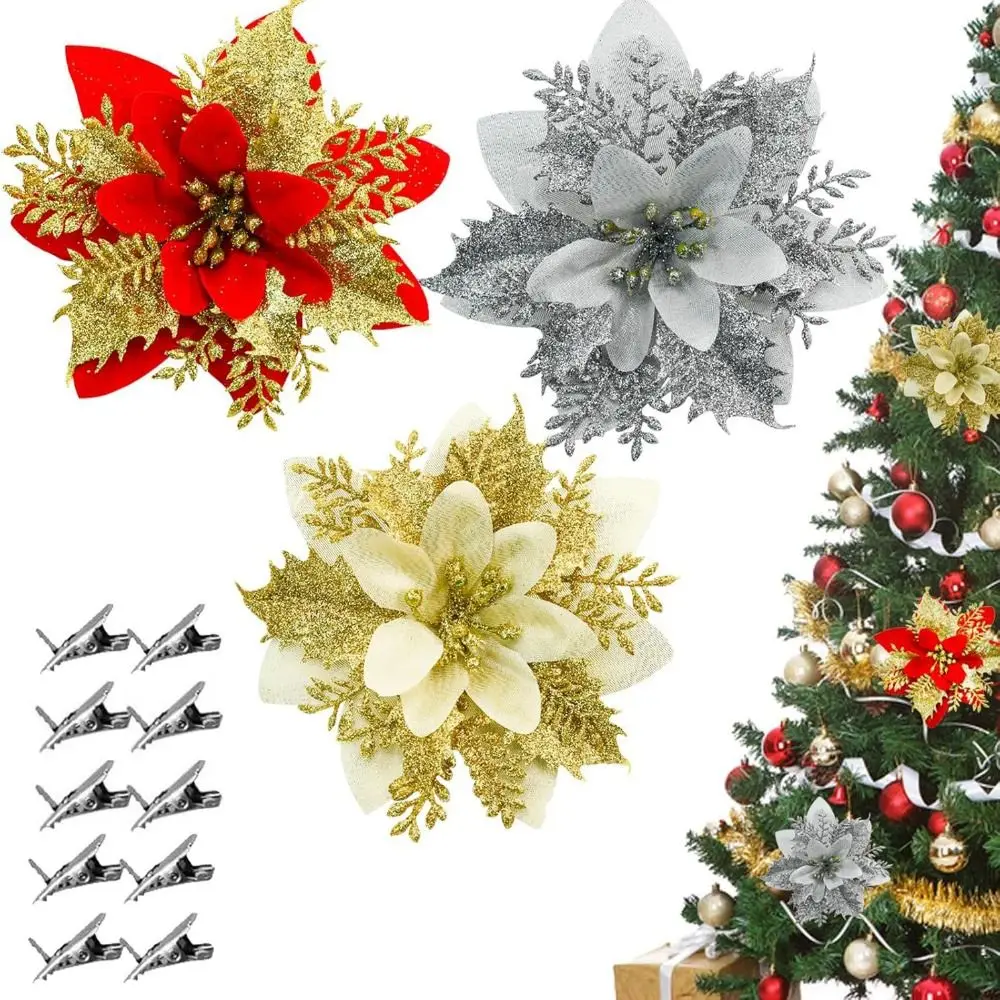 

10Pcs Simulation Artificial Flowers for Christmas Tree with Clips High-quality Glitter Xmas Tree Ornaments Easy To Decorate