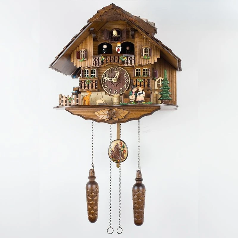 Small villa cuckoo clock silent European retro light luxury wall clock living room wooden European style