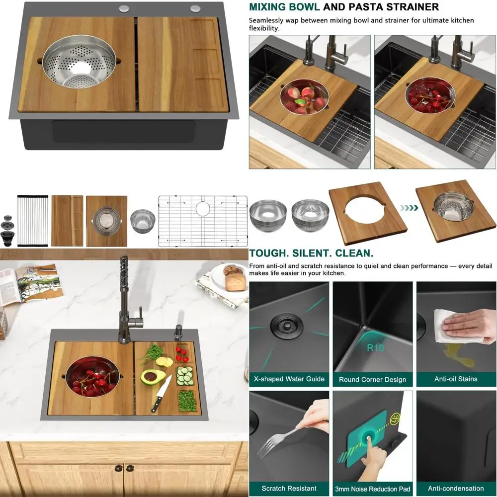 

28 Inch Multifunctional Topmount Single Bowl Kitchen Sink in Gunmetal Black with NANO-PVD Stainless Steel