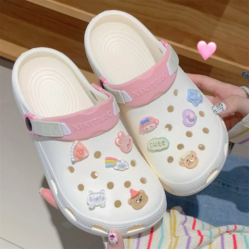 Cute Heart Women Hole Shoes 2024 Summer New Women\'s Fun Little Bear Cartoon Baotou Cool Slippers Outdoor Summer Beach Sandals