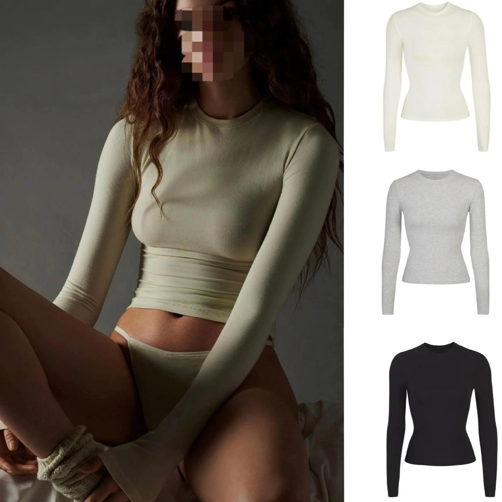 

Женская базовая футболка с длинным рукавом и круглым вырезом, облегающая, однотонная, в стиле Кардашьян, из высококачественного хлопкового смесового материала