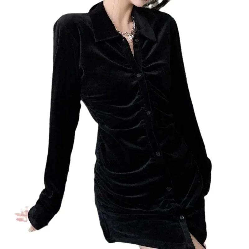 Vintage Shirts Women Black Velvet Pleated Blouses Korean Elegant Folds Turn Down Collar Long Sleeve Slim Chic Casual Tops