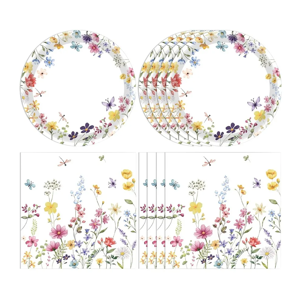 8/16 Stück Wildblumen-Pappteller, 17,8 cm, Frühlingsfeier, Dessertteller, Zubehör, buntes Geschirr-Set für Hochzeit, Geburtstag