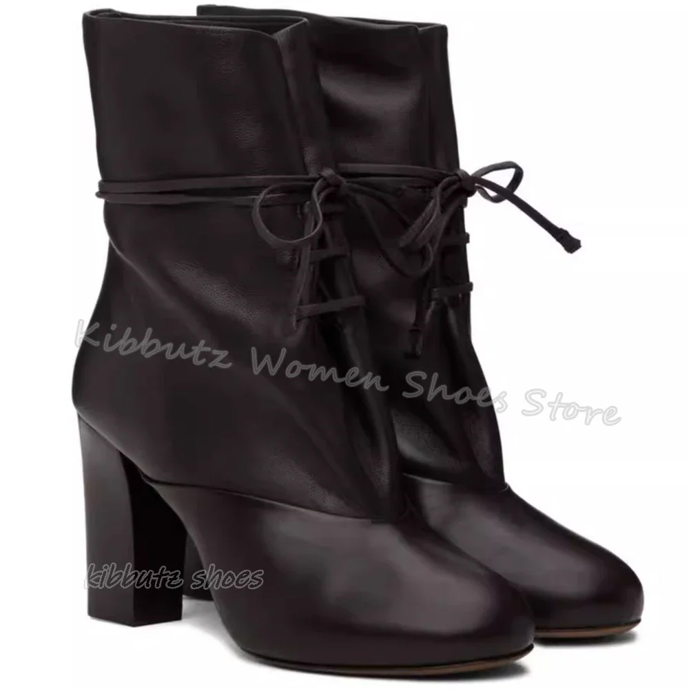 Lace-Up Ankle Boots Patchwork Leather Satin Elegant Fashion Concise Sexy Solid Color Pointed Toe Chunky Heels Women Shoes Newest