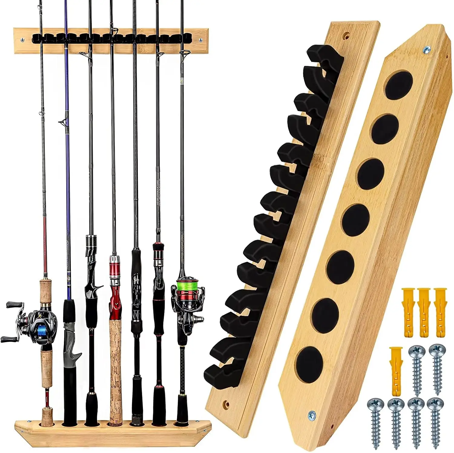 Fishing Rod Racks Fishing Rod Holders for Garage Wood Fishing Pole Wall Rack Store 7 Fishing Rod Combos,1 Pair