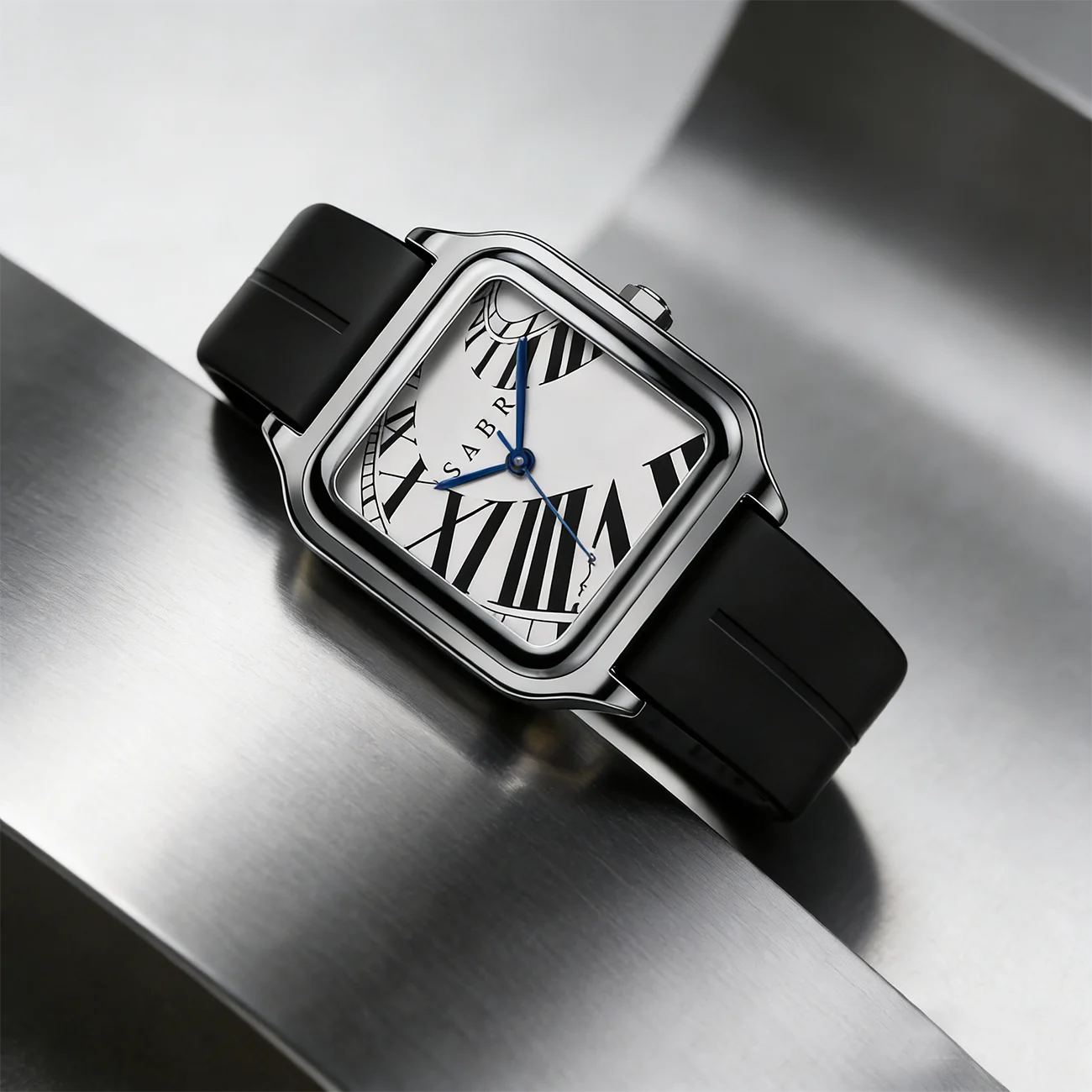 SABR Square Stainless Steel Alloy Quartz Watch 3ATM Waterproof Silicone Strap Roman Numerals Quartz Watch Men's Watch