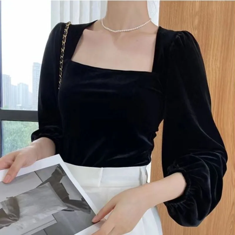 OCEANLOVE Velvet Puff Sleeve Blouses Women Tops Square Neck Vintage Elegant Blusas Mujer Solid Korean Fashion Chic Shirts