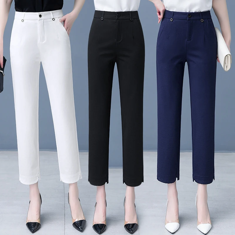 

Women's white pants2023Summer lightweight cropped slim-fit trousers with slit for petite figures