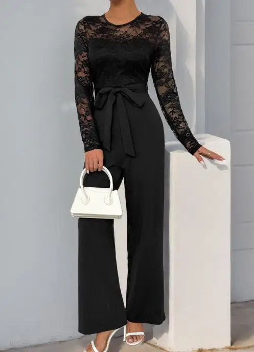 

Новинка 2025 года, элегантный сексуальный комбинезон с кружевным лоскутным галстуком на молнии, однотонный свободный длинный комбинезон, женская одежда