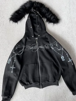 Winter Fashion Streetwear Women's Gothic Punk Faux Fur Hooded Jacket With Cross Print Trendy Edgy Zip - Up Sweatshirt 2026 New 4