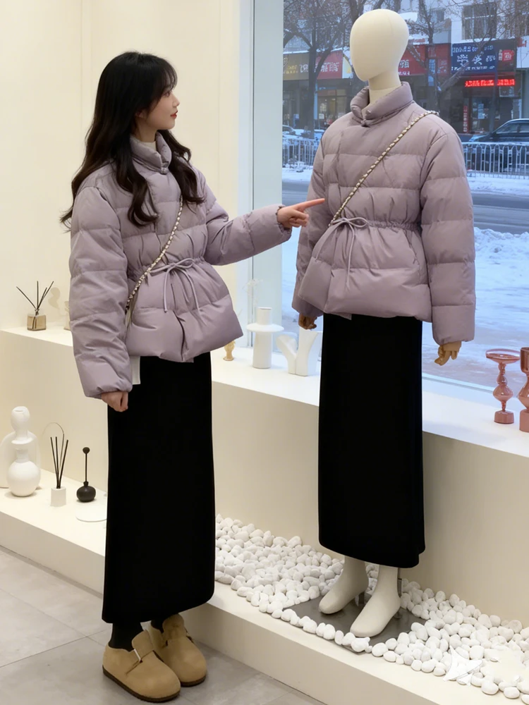 

Women's Thiened Winter Faion Padded Coat Set High Waist Belted Slim Fit Cotton down Jaet with High Collar Long Sve