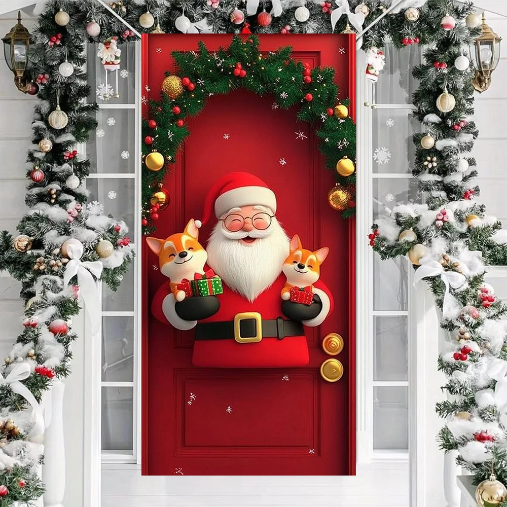 Santa Red Door Cover Home Christmas Funny Decoration Linings for Christmas Indoor Outdoor Garden Porch  Xmas Doors 180x90cm