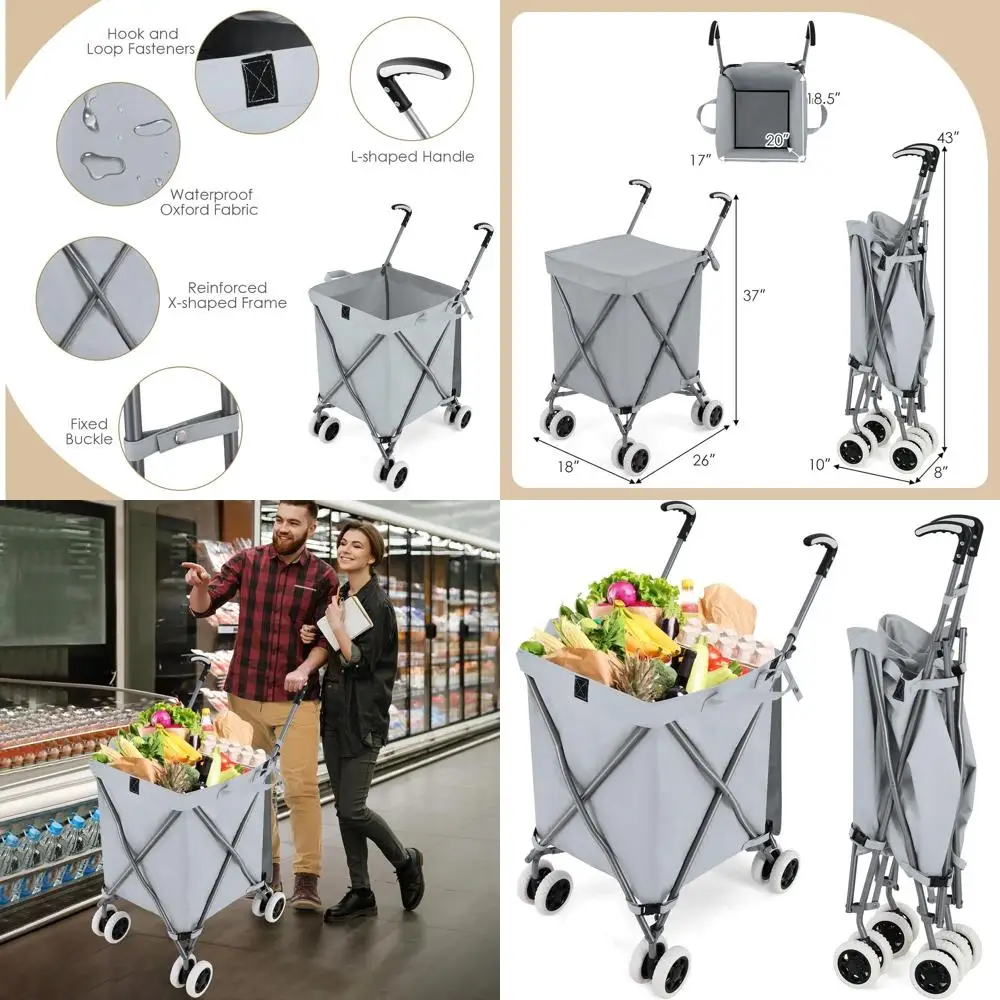 

Портативная складная тележка для покупок со съемным тканевым вкладышем, идеально подходит для продуктов и белья, легкая универсальная тележка, серая