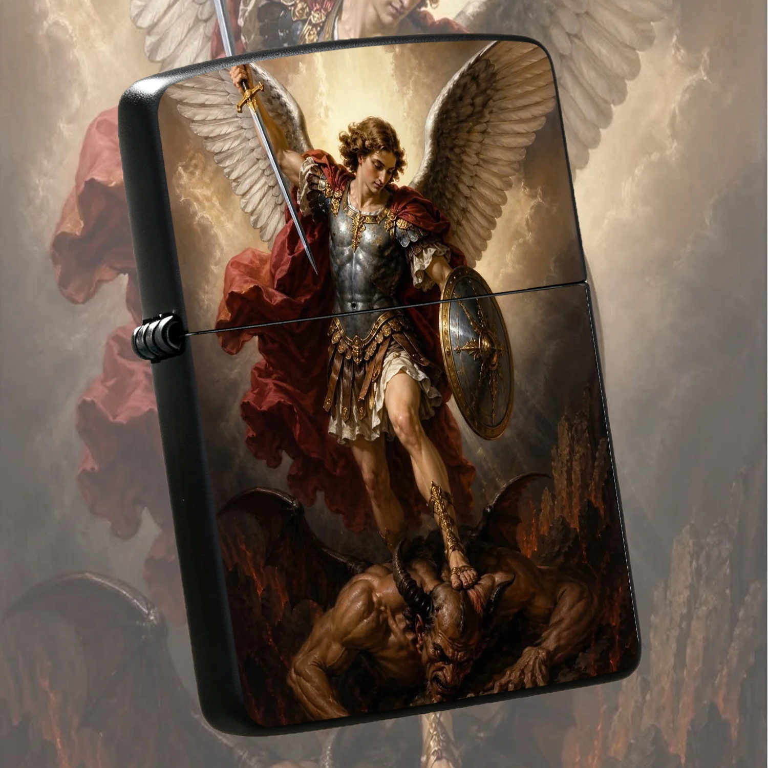 Vintage Archangel Defeating Pattern , Durable Non-slip Body, Faith Themed Collectible, Ideal Gift for Men, Suitable for Daily Use, Camping, Home Scenarios, PORTABLE Exquisite Artistic Present for Igniter Lovers A fun and humorous lighter