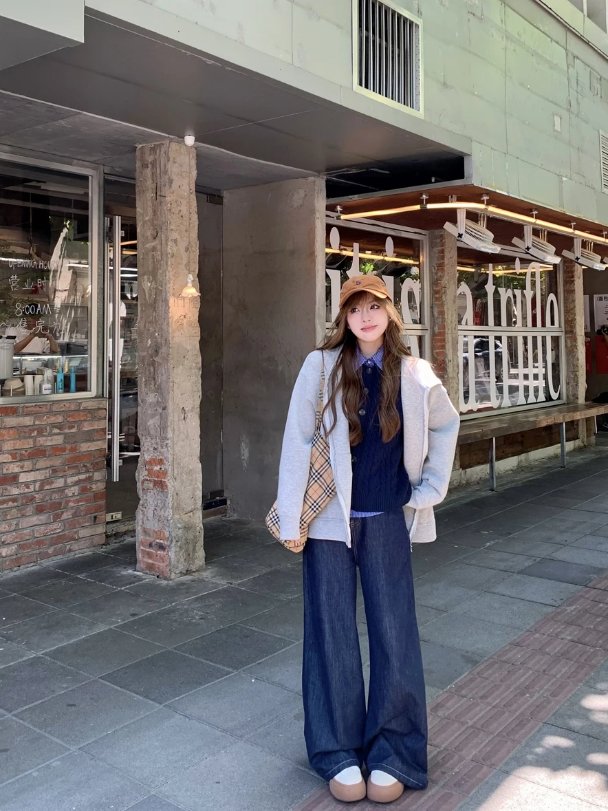 

Lo Yang Cheng American Sle Deep Blue Straight Wide Leg Jeans Women Loose Slimming Casual Drapey Long Pants Loose Fit Jeans