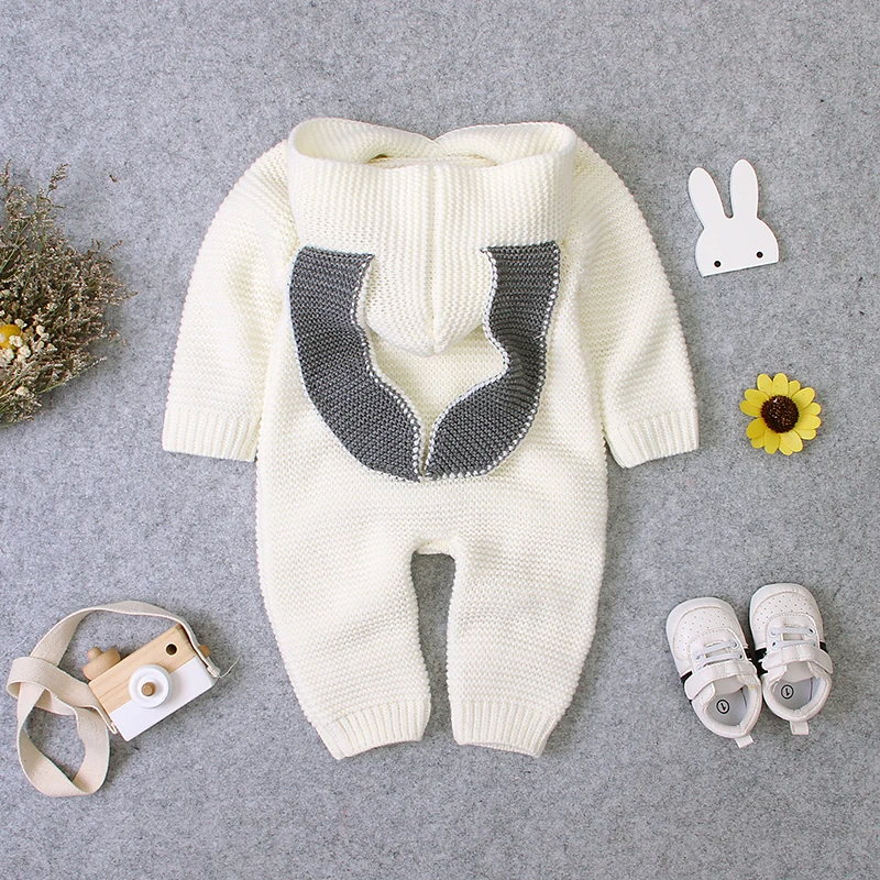 Newborn Baby Rompers Knit Boy Girl Jumpsuit Fashion Hooded Cute Ears Infant Kid Solid Clothing 0-18M Long Sleeve Overalls Autumn