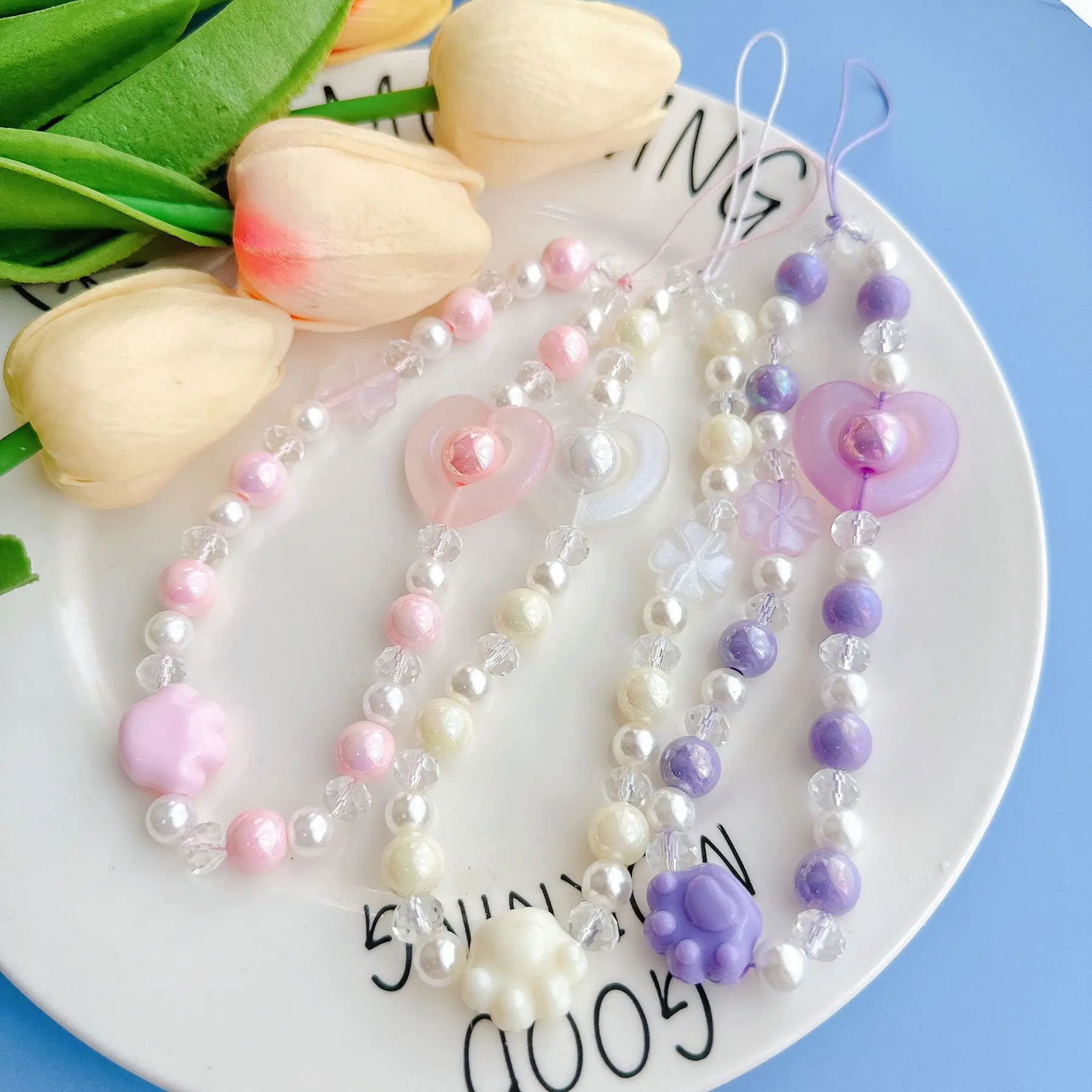 New Fresh Girl Color Matching Love Cat Claw DIY Beaded Phone Chain Phone Case Accessories Phone Rope Hanger