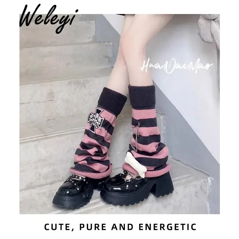 Y2k Jirai Kei Women's Middle Tube Socks Autumn and Winter Subculture Original Sweet Girl Black Grey Stripe Bone Lower Leg Socks