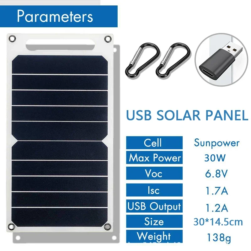 Solar Panel 30W With USB Waterproof Outdoor Hiking and Camping Portable Battery Mobile Phone Charging Bank Charging Panel 6.8V