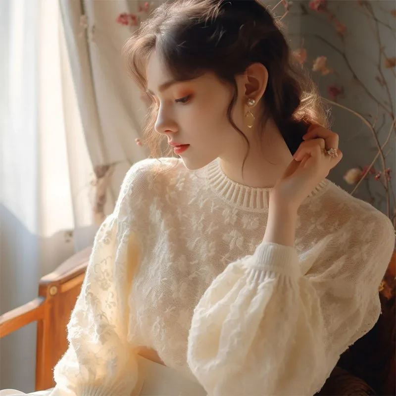 小さな香りの花の刺繍ニットプルオーバー女性ランタンスリーブシースルー中空ニットシャツ女性