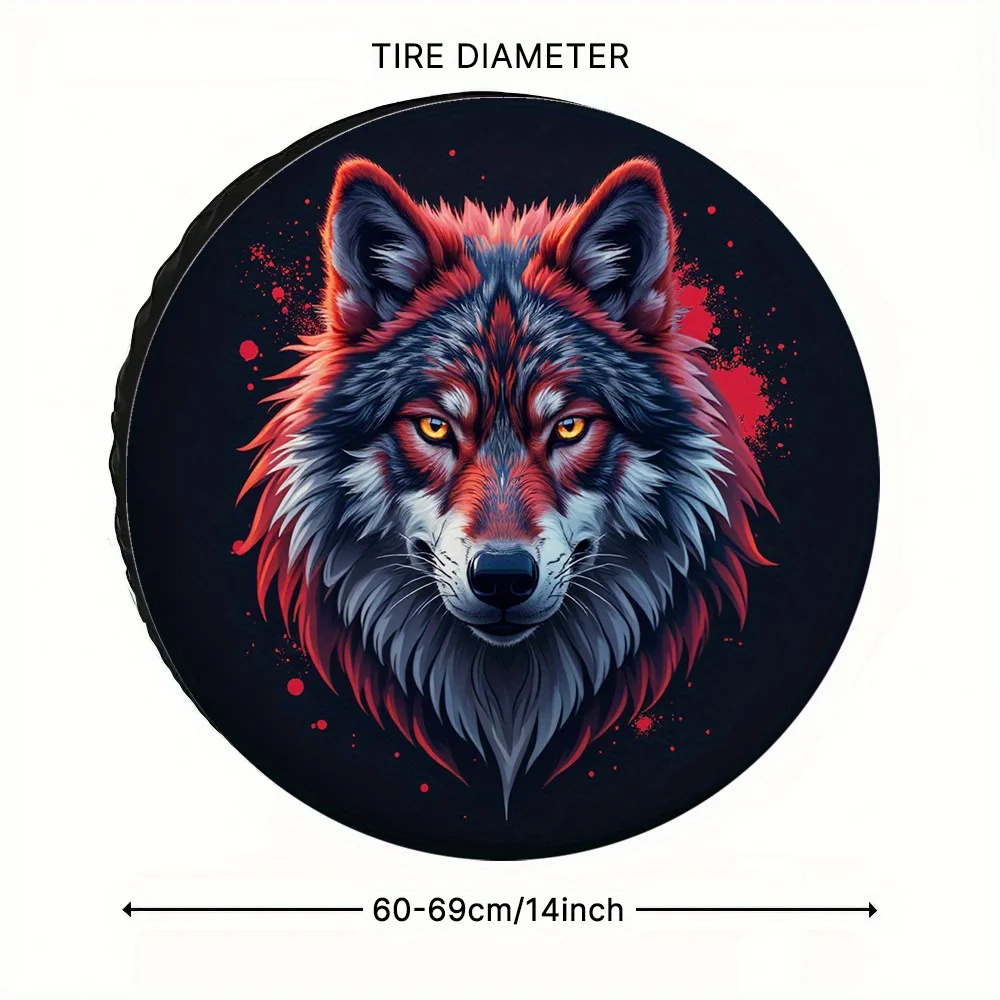 One Piece Of 2D Flat-Printed Car Tire Cover Featuring A Majestic Wolf Portrait With A Fiery Spirit, Made Of Polyester, Suitable view 3