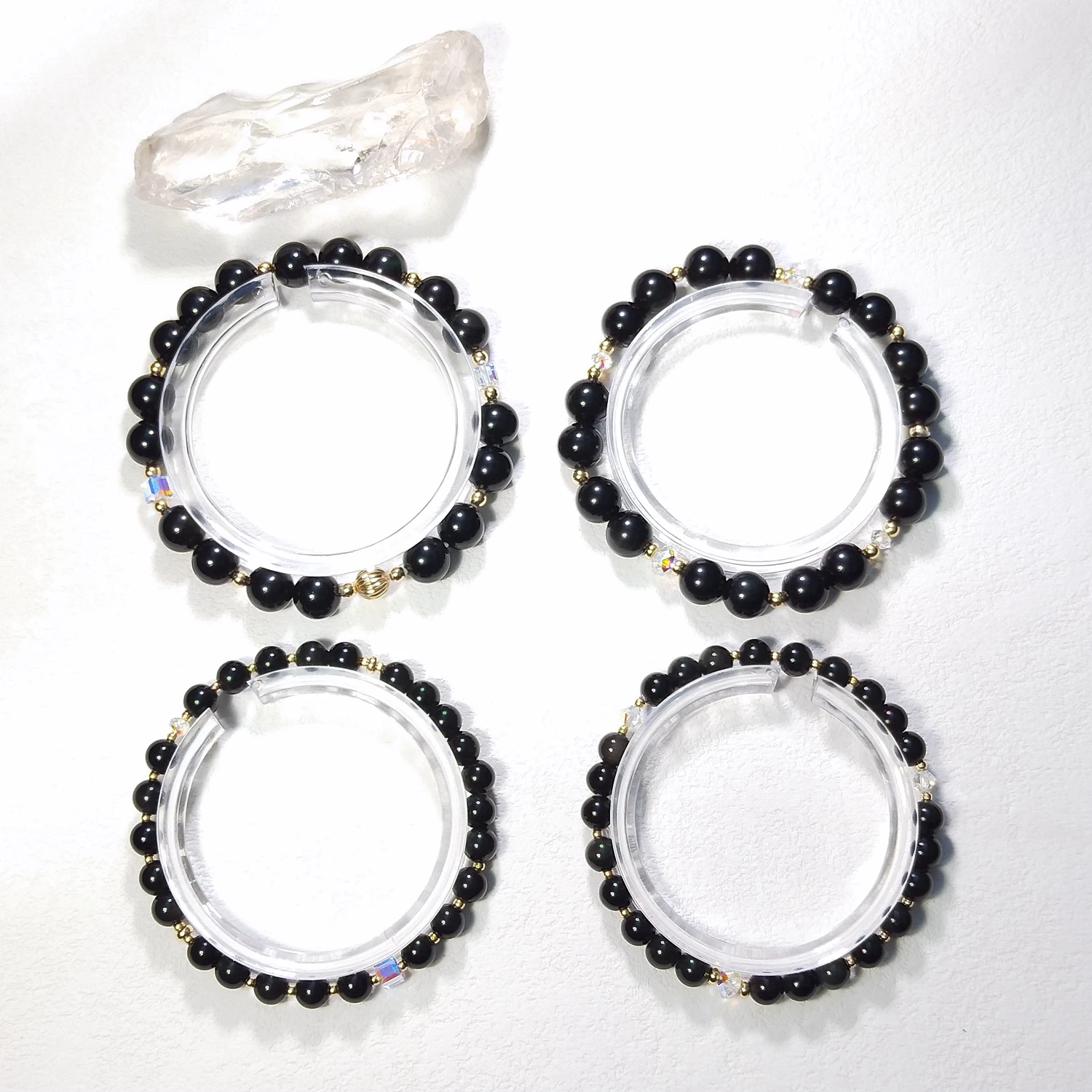 Lii Ji Natural Rainbow Obsidian 6/8mm With Crystal American 14K Gold Filled Elastic Bracelet