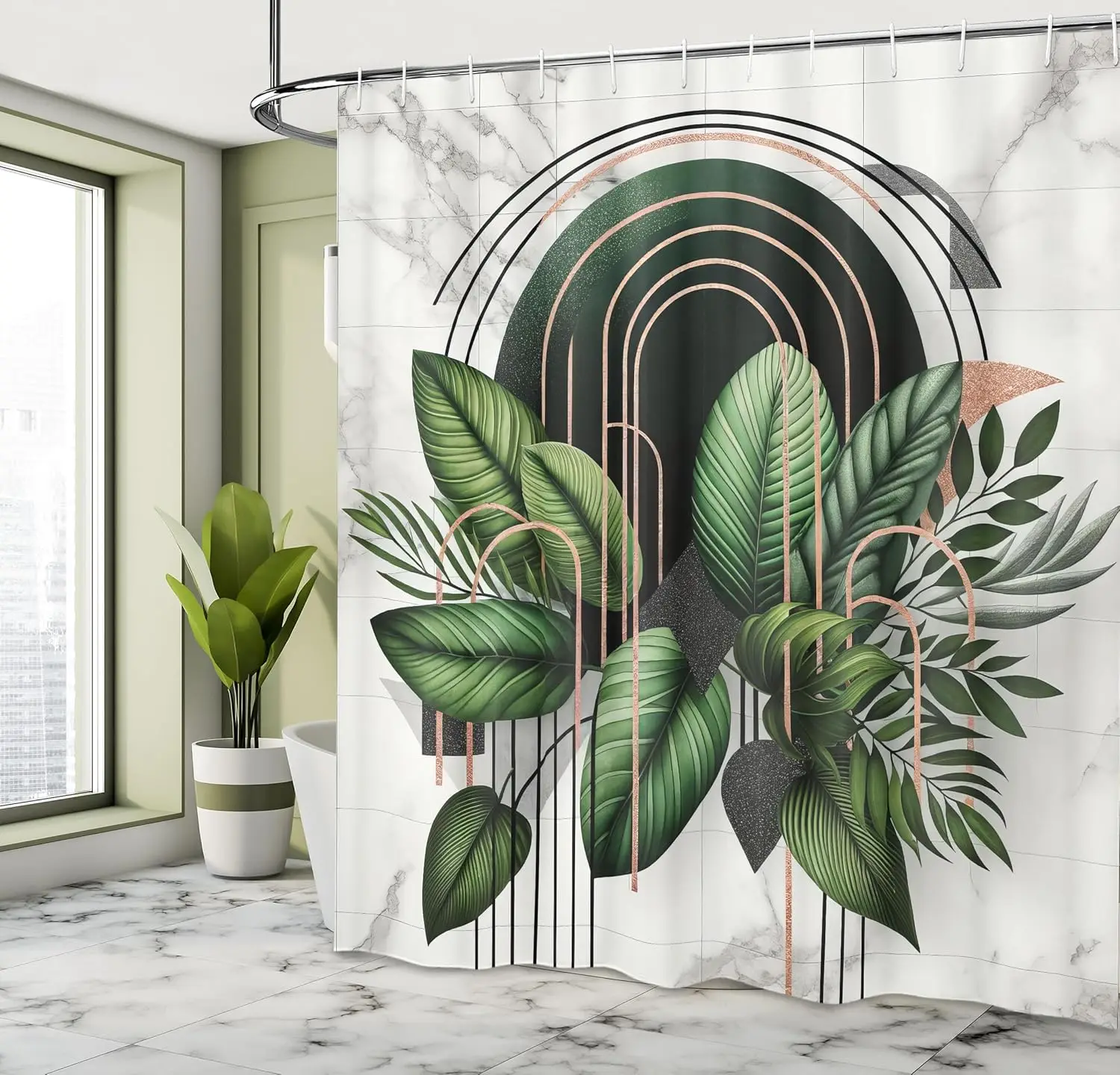 Contemporary Design Mid Century Modern Roundy Lines and Leaves Exotics, Cloth Fabric Bathroom Decor Set with Hooks,Fern Green