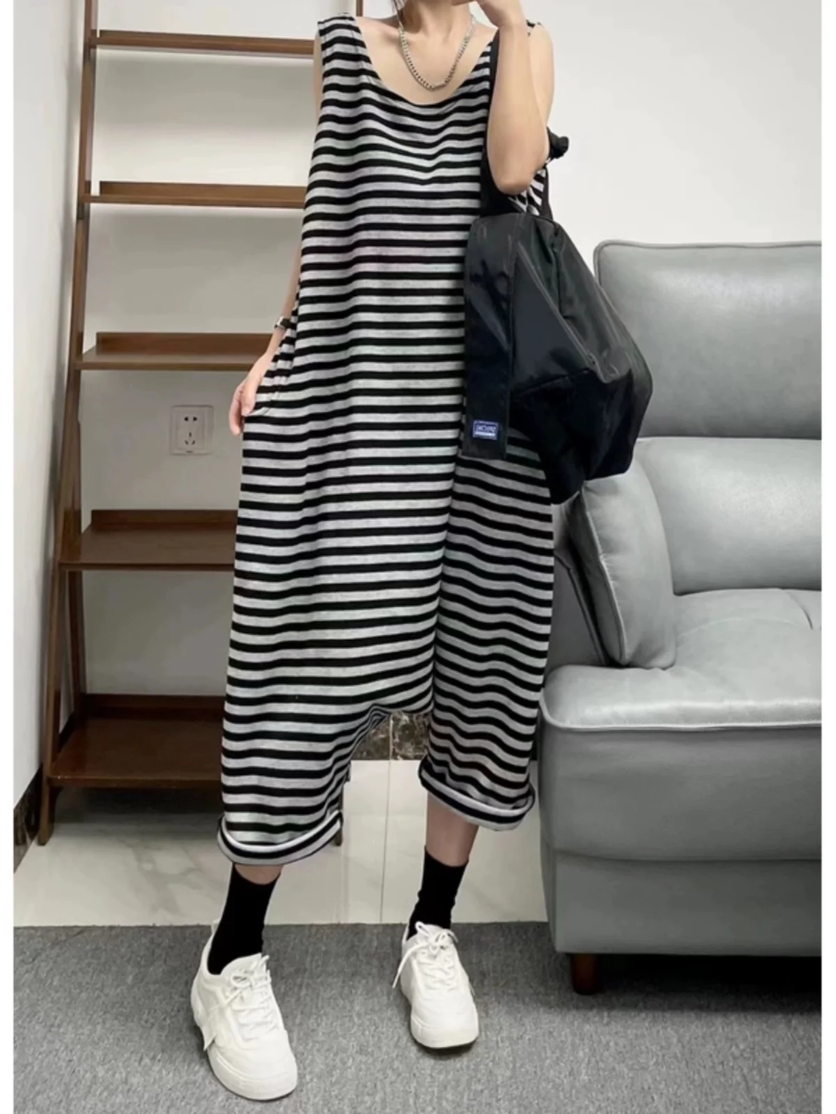 Phil dan preguiçoso hong kong sle harajuku malha algodão listrado svel macacão verão calças desleixadas 50 streetwear macacão