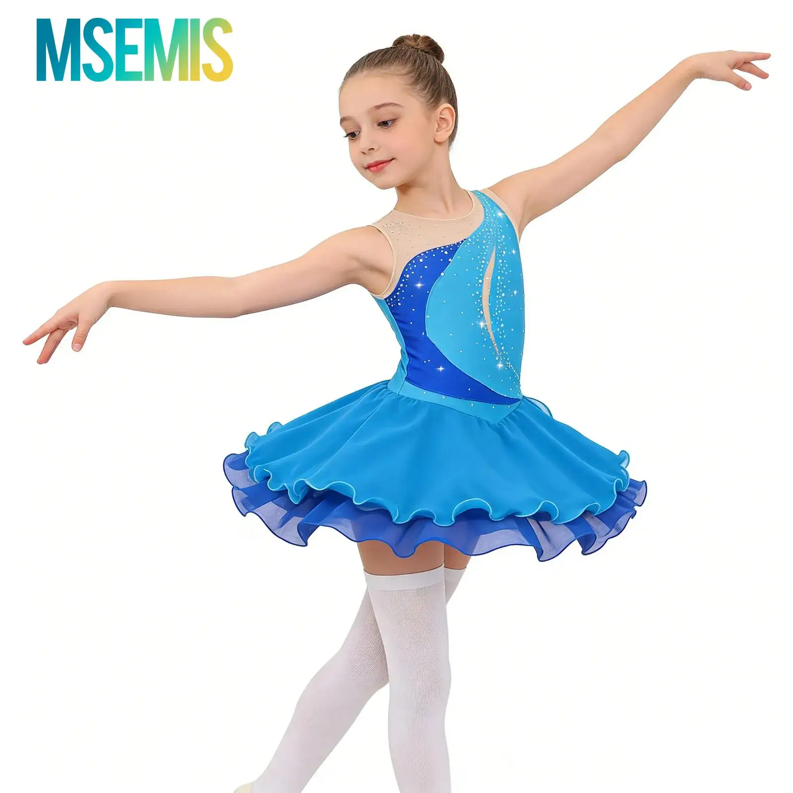 Kids Girls Shiny Rhinestone Gymnastics Ballet Jersey Artistic Figure Skating Costume Ruffle Chiffon Dance Performance Dress