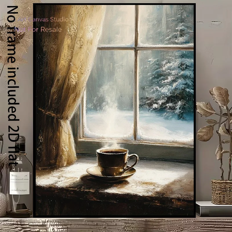 2D Flat, 2D Flat, A 2D Flat Canvas Painting Featuring a Snowy Landscape Outside The Window And a Warm Drink on The Windowsill