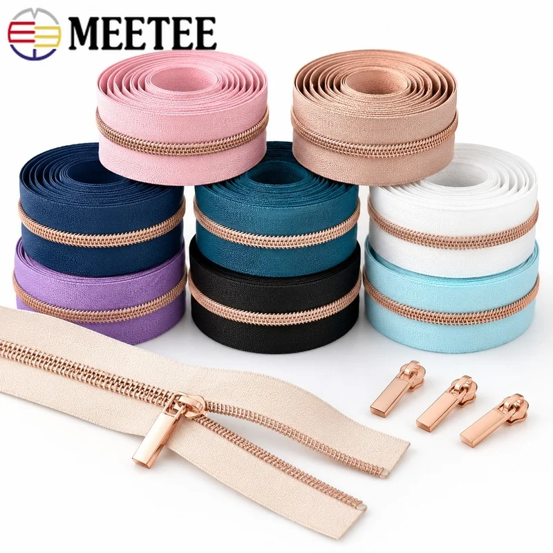 2-5m 5# Rose Gold Nylon Zipper Tape Plastic Coil Continuous Closure with Pull Heads for Bags Shoes Purse Garment Sewing Repair