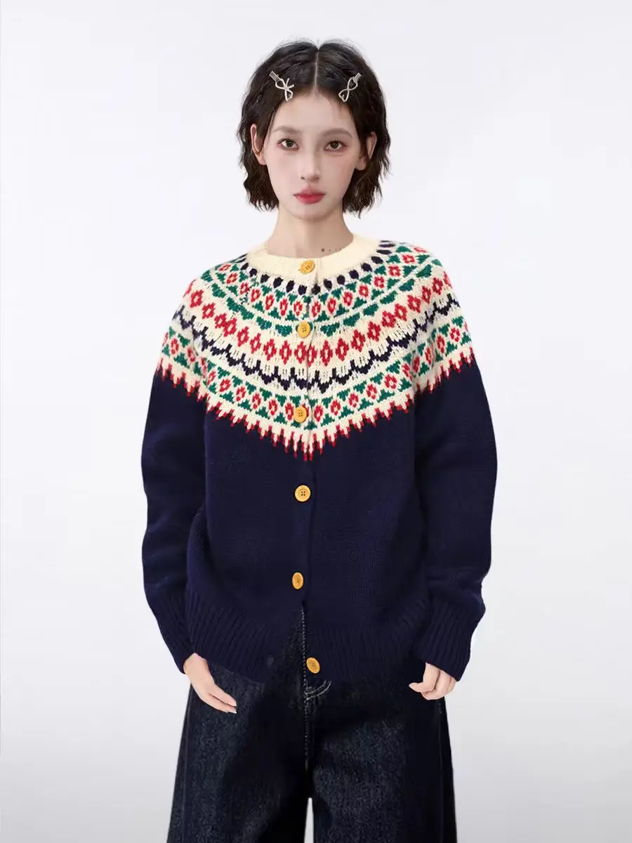 

Корейский винтажный жаккардовый вязаный свитер с круглым вырезом Fair Isle, женский кардиган контрастного цвета, верхняя одежда, повседневные топы с длинными рукавами