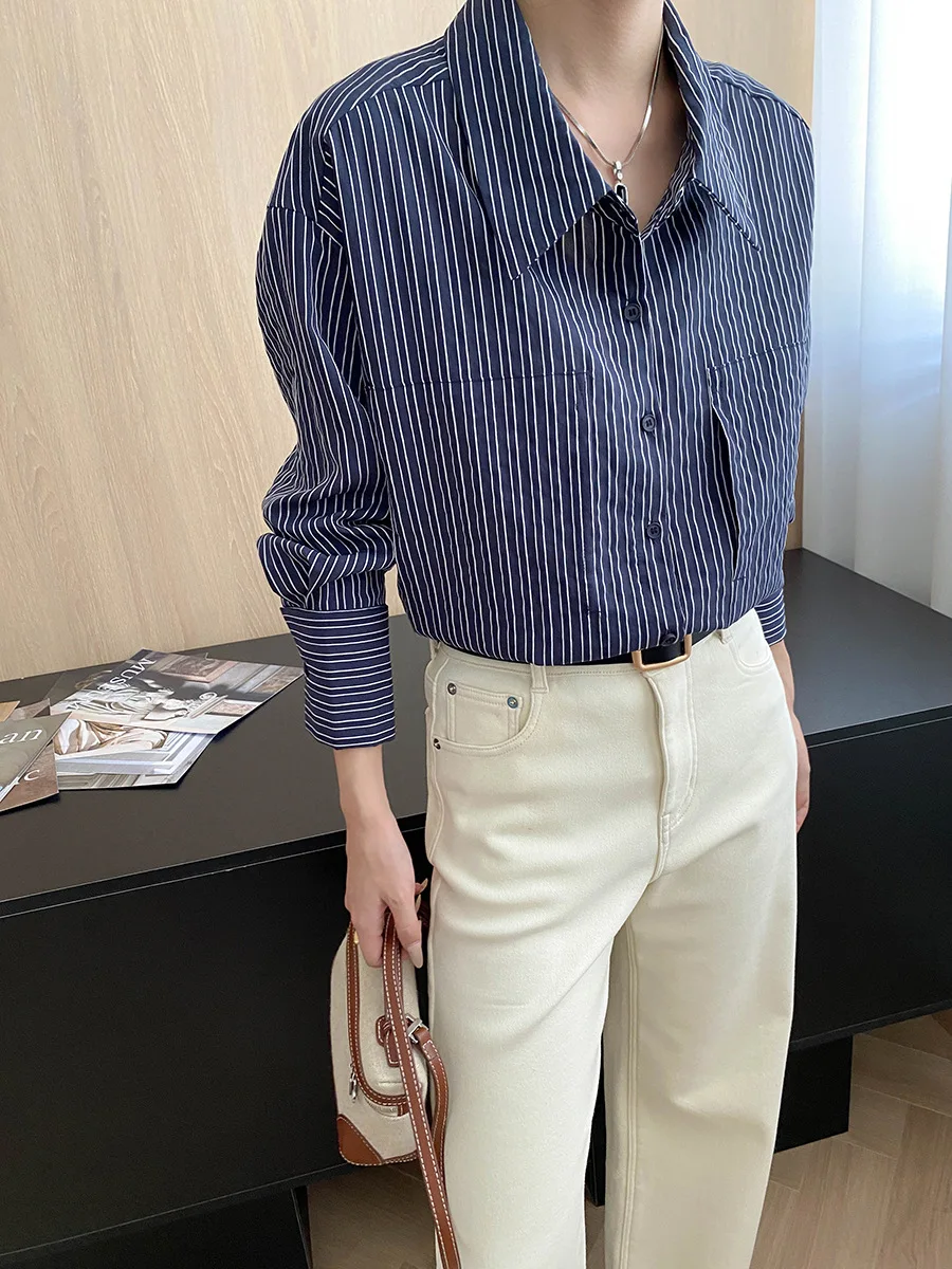 Camisa francesa preguiçosa retrô contrastante listrada lapela solta manga comprida