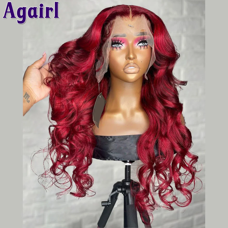 

34Inch 13x6 13X4 Body Wave Lace Frontal Human Hair Wigs For Black Women Ombre Burgundy Red 200% Transparent 6X4 Lace Closure Wig