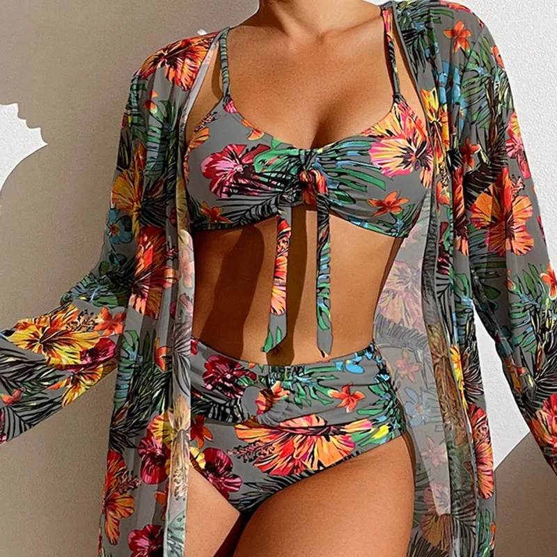 Terno estampado flor de três peças para mulheres, maiô sexy, biquíni, roupa de banho, roupas de natação, cobertura, sutiã, cuecas, novo