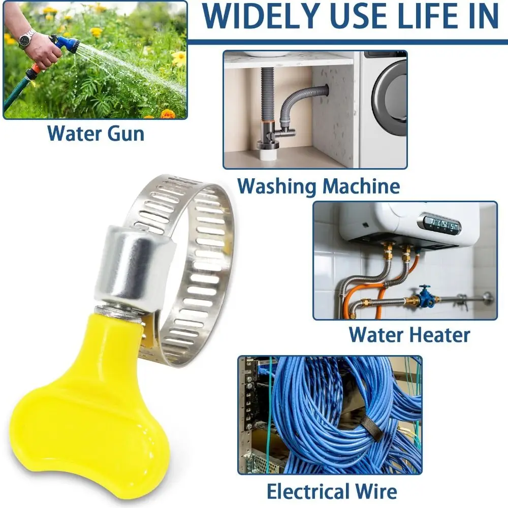 30pcs Yellow Plastic Handle Stainless Steel Hose Clamps Stainless Steel Screw Band Adjustable Size Worm Gear Hose Clamp Key Type