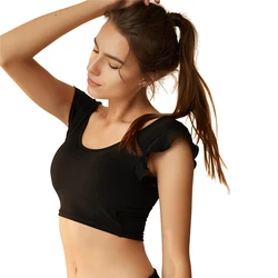 Sports Wear For Women Gym Crop Top Push Up Nylon Ruffle Wireless Yoga Underwear Workout Running Dance Short-Sleeve Fitness Bra